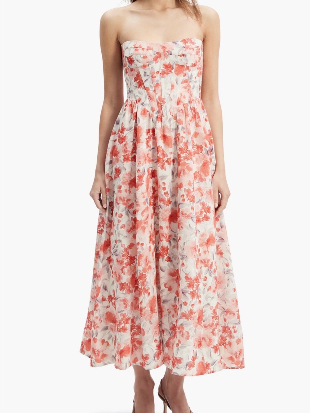 Bardot Strapless Floral Midi Dress in Coral and Cream